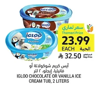 Chocolate or Vanilla Ice Cream Tub, Igloo, 2L